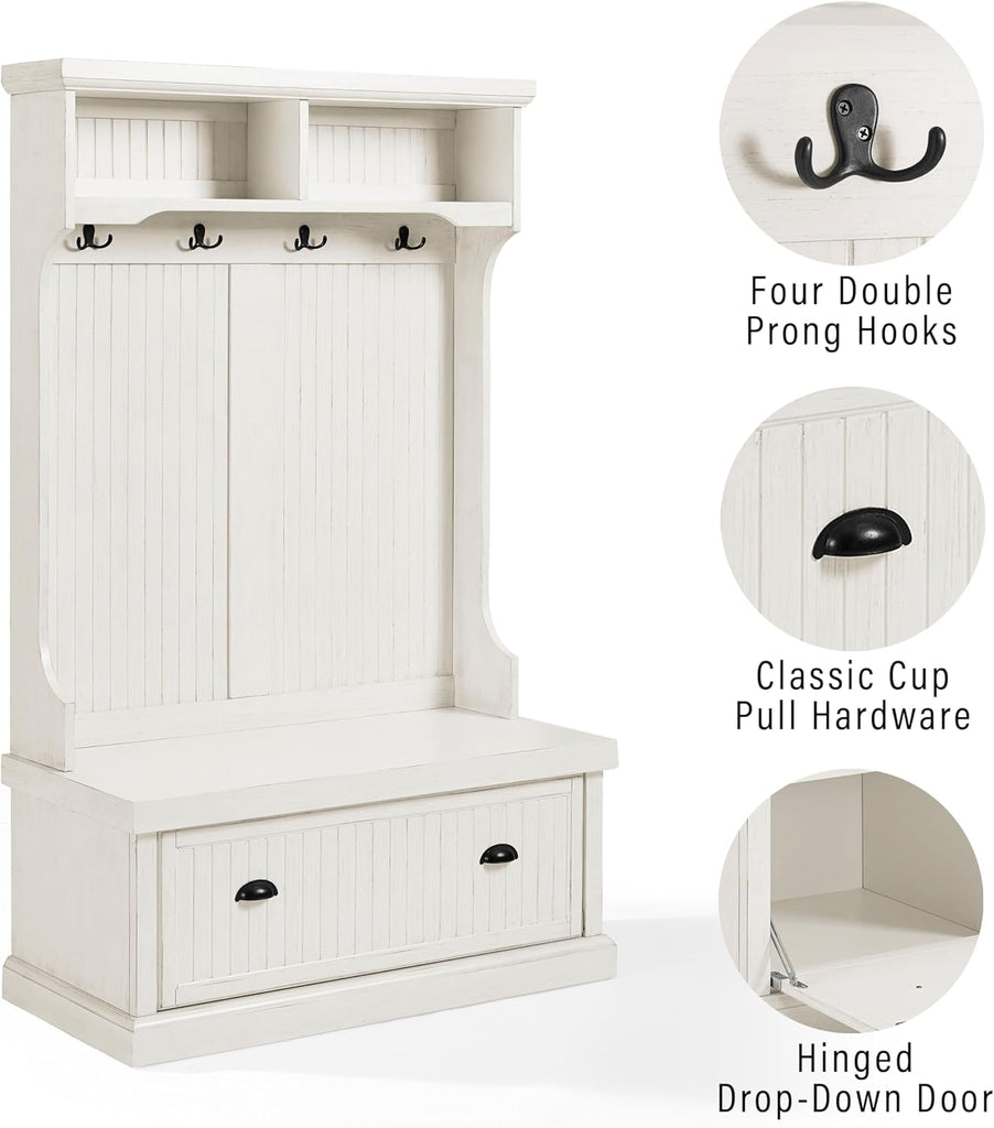 Seaside Hall Tree with Shoe Rack Bench and Coat Hooks for Hanging Storage, Distressed White