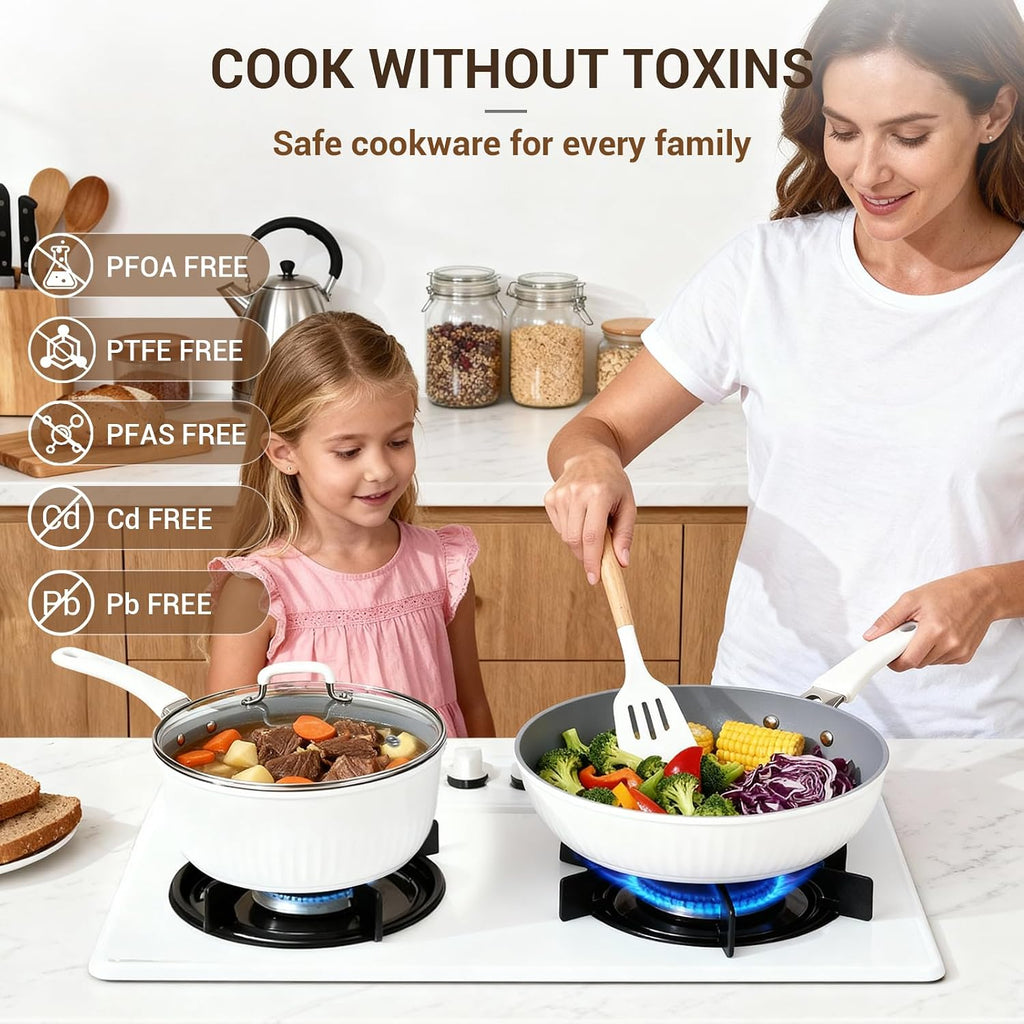 15-Piece Ribbed Ceramic Cookware Set, Pots and Pans Set Non Stick, Induction Ready, Healthy Non Toxic Kitchen Cooking