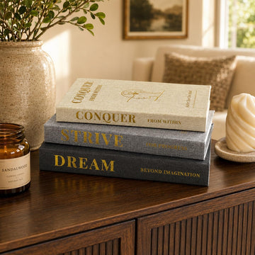 Coffee Table Books Decor, Set of 3 Neutral Linen Decorative Books with Gold Foil Inspirational Quotes for Desk