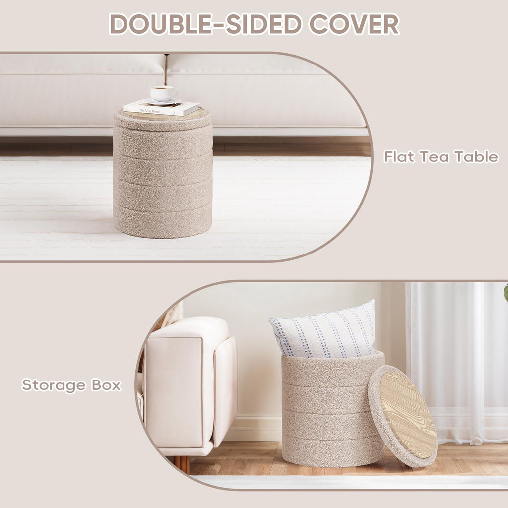 Compact Round Folding Storage Ottoman, Beige Boucle Footstool