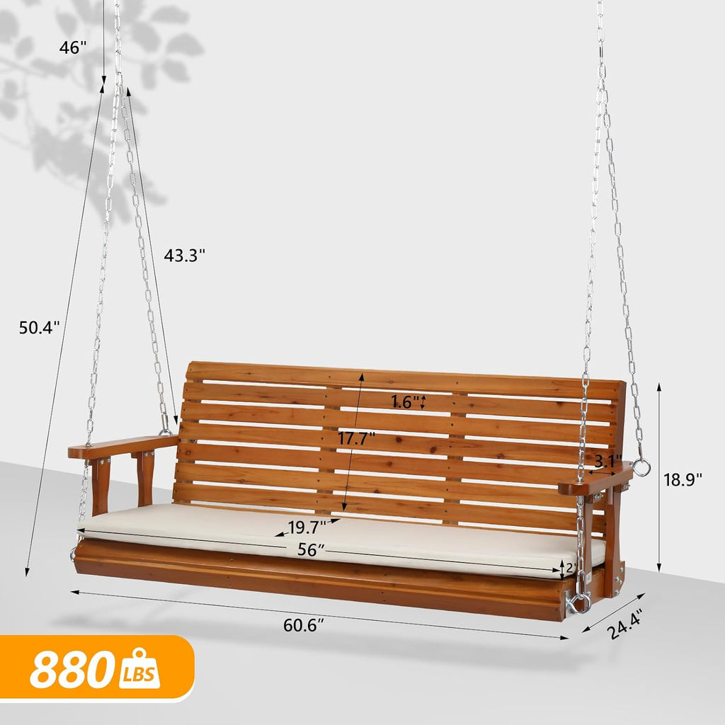 5 FT Heavy Duty Porch Swing with Cushion, 880 LBS Wooden, Brown | Extra Cushion Included; Heavy-Duty Wood Frame;