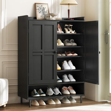 Black 7+1 Tier Farmhouse Shoe Storage Cabinet - 45" Tall Entryway Organizer with Cross Molding Doors, 3 Adjustable