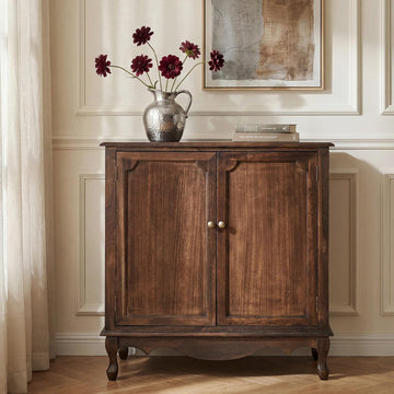 Solid Wood Sideboard with Adjustable Feet, 2 Shelves Storage Cabinet with Double Doors
