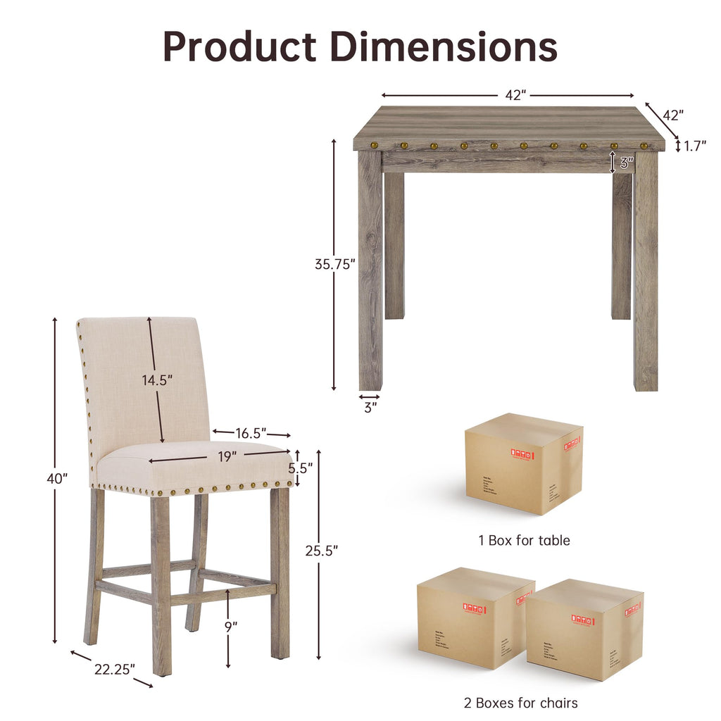 Counter Height Dining Table Set for 4, Farmhouse Dining Table Set for 4, Square Bar Kitchen Dining Table with 4 Bar
