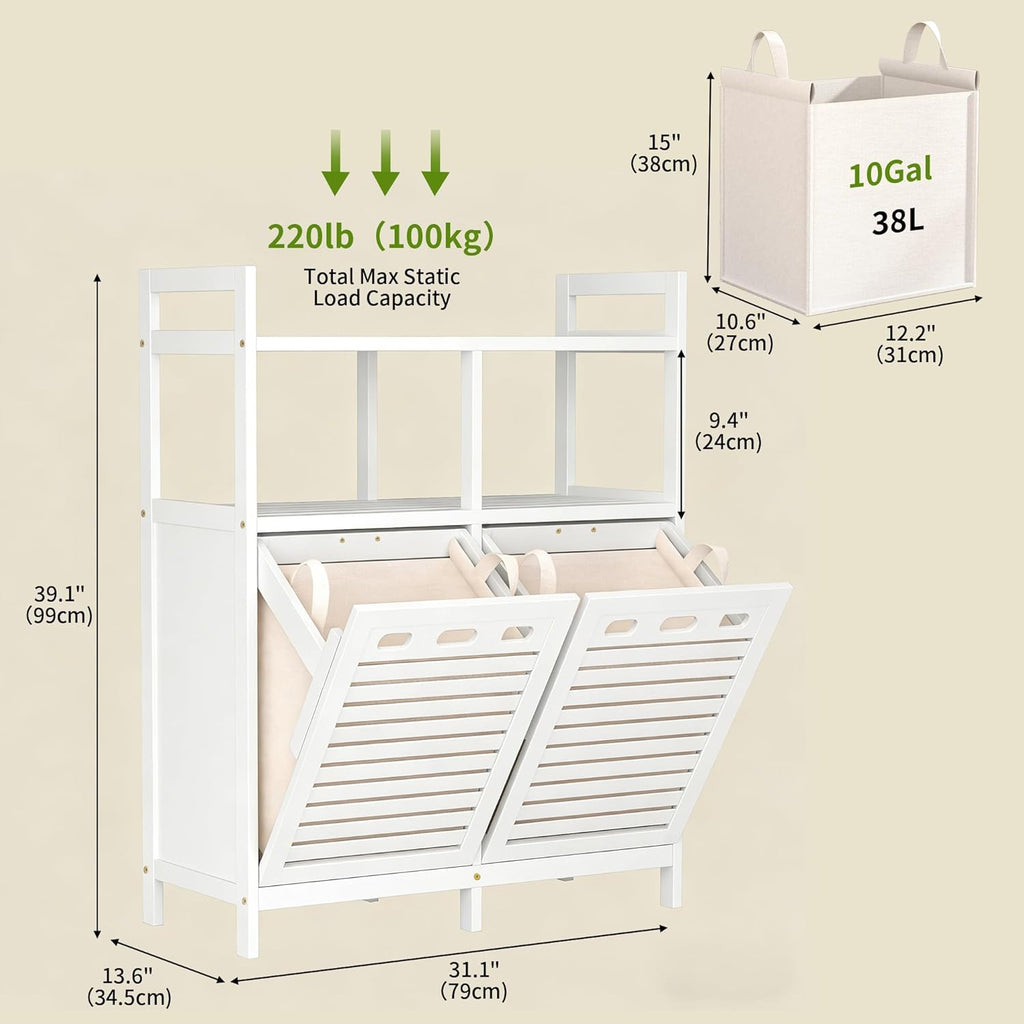 Tilt Out Laundry Hamper Cabinet, Bamboo Double Laundry Hamper with 2 Removable Laundry Baskets, 20 Gal Laundry Sorter