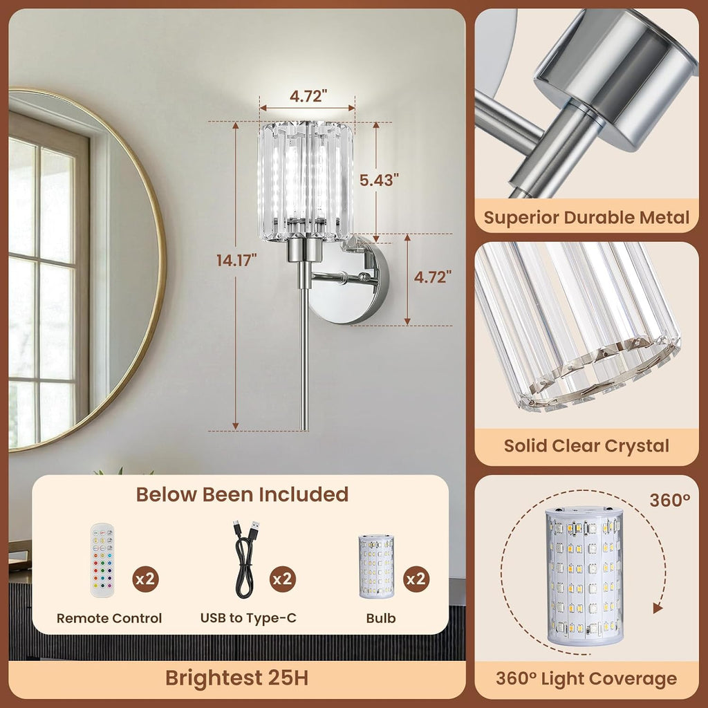 2-Pack Crystal Battery Operated Wall Sconces, Chrome Rechargeable Wireless Wall Sconce Lights with Dimmable Bulbs and Remote, 12 Colors and 3CCT Dimmable Crystal Lamps for Living Bedroom Dining