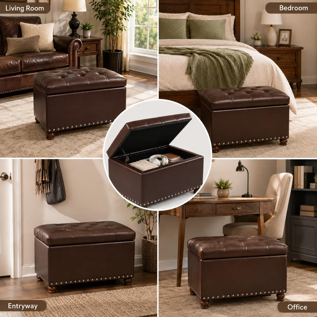 Leather Ottoman with Storage Small Foot Stool with Hinged Lid