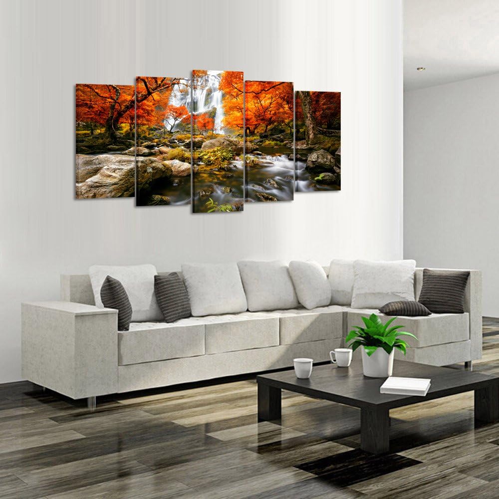 Autumn Forest Waterfalls 5 Piece Modern Wrapped Giclee Canvas Prints Artwork Landscape Tree Paintings Pictures on