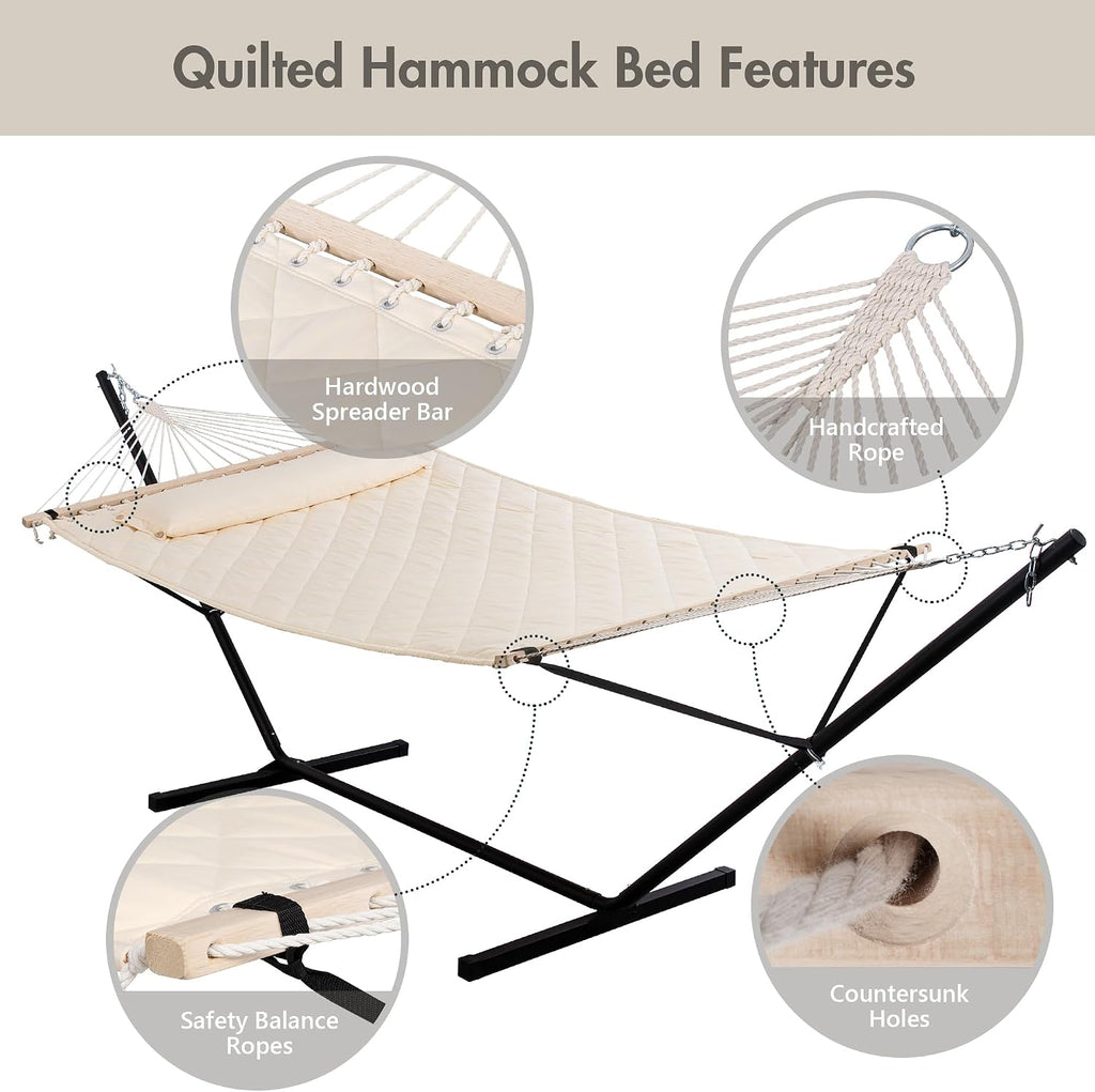 Outdoor Hammock Heavy Duty Hammock with 12 Feet Steel Stand, Cream | Two Person Hammock with Stand and Balance Ropes