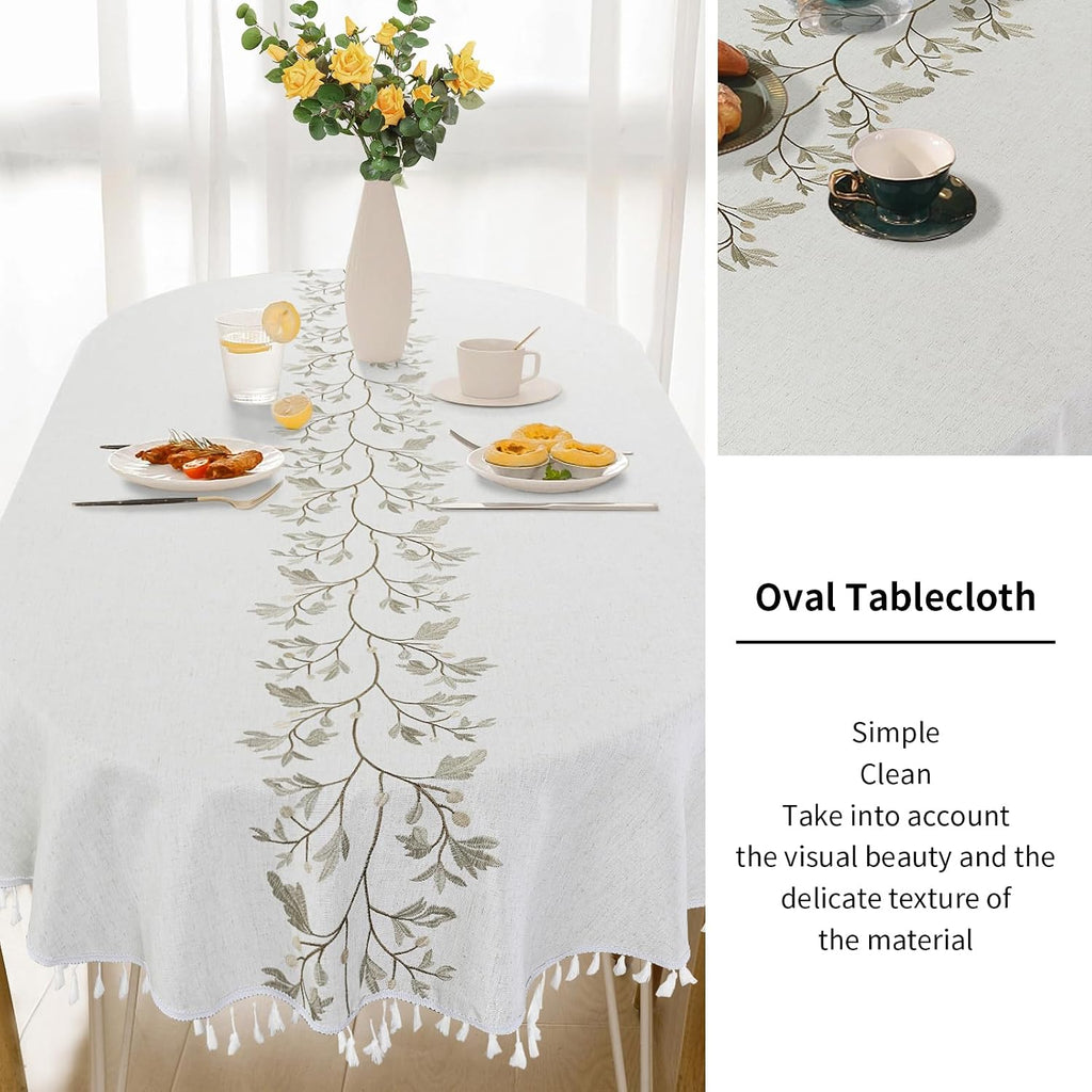 Solid Embroidery Oval Tablecloth with Tassels, 52 x 70 Inch Lace Dust-Proof Table Cover Dinning