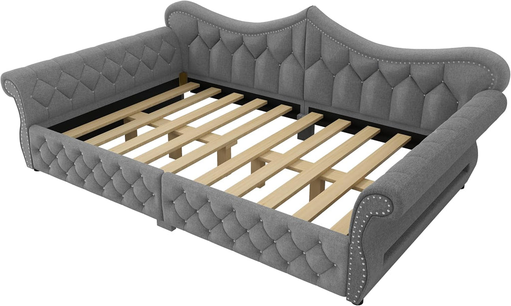 Queen Size Upholstered Daybed with LED Lights, Convertible Sofa Bed with Nailhead Trim, Tufted Design, Wooden Frame