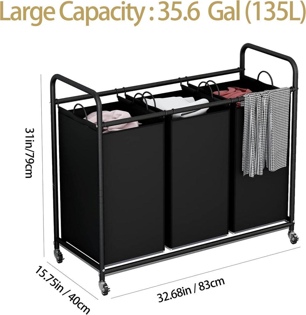 3 Section Laundry Hamper, Black Laundry Basket 135L Laundry Sorter | Laundry Room Organization with Heavy Duty