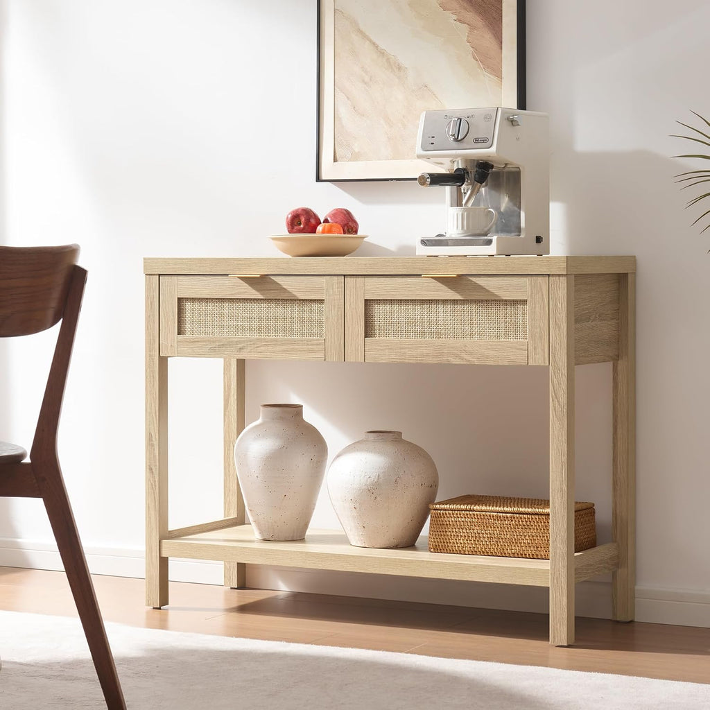 Rattan Console Table - Boho Entryway Table with Storage and Drawers, Small Entry Tables Behind Couch Table Sofa Table