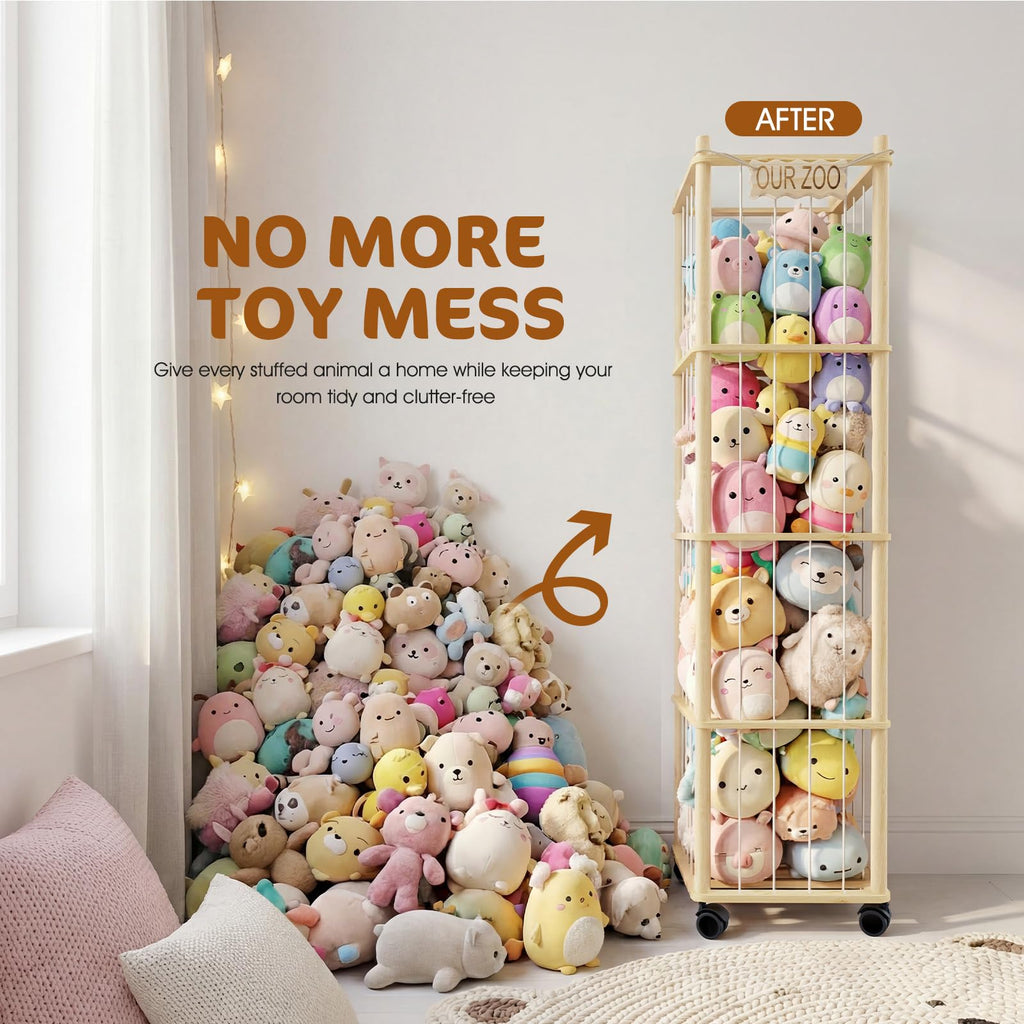 DIY Stuffed Animal Storage Kit, Adjustable 1-4 Tier Stuffed Animal Organizer with Wheels, Large Plushies Storage for