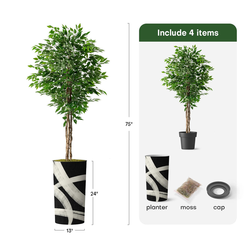 Artificial Tree in Optional Designed Pot, Fake Ficus Silk Tree for Indoor and Outdoor Home Decoration - 75" Overall