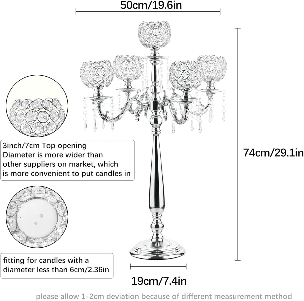 4Sets 5 Arm Crystal Candelabra Centerpieces,29.5Inches Tall Silver Metal Candlestick Holders with 5 Flower Bowl Holdern