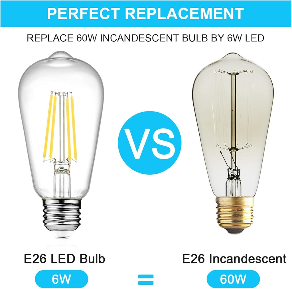 LED Edison Bulbs 6W, Equivalent 60W, High Brightness Cool White 4000K, 700 Lumens, ST58 Vintage LED Filament Bulbs - Set of 4