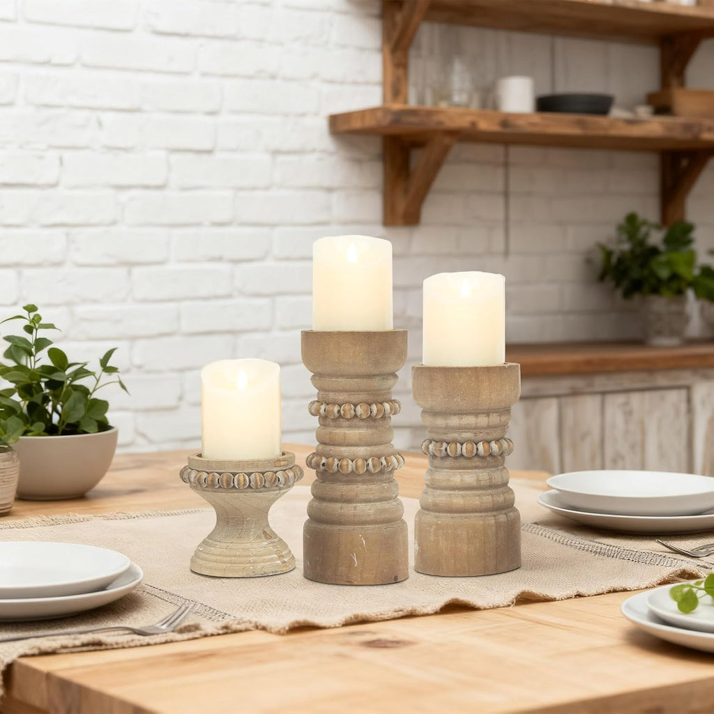 Rustic Natural Wood Candle Holders Set of 3, Farmhouse Beaded Wood Pillar Candle Holder, Candle Holders for Pillar