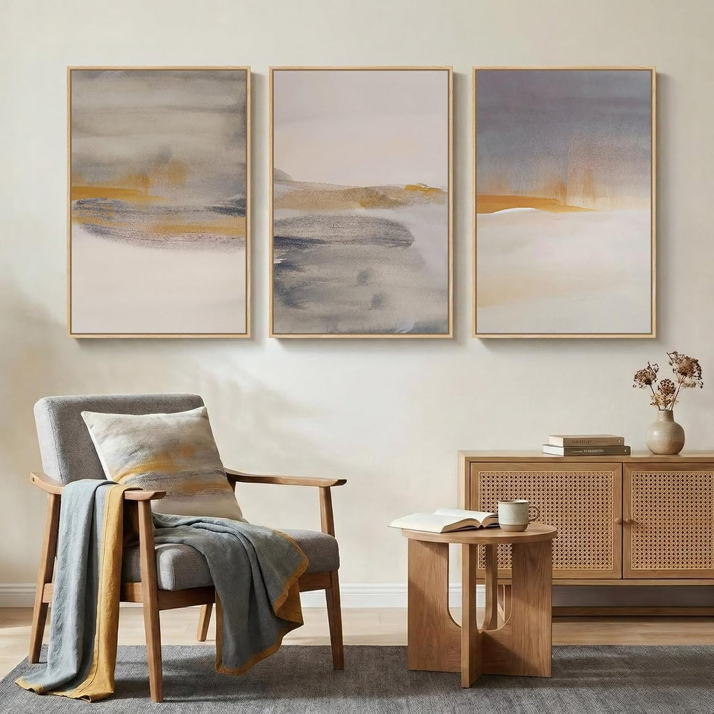 Framed Large Neutral Abstract Wall Art, Set of 3 Canvas Modern Prints Paintings, Minimalist Landscape Beige Gray