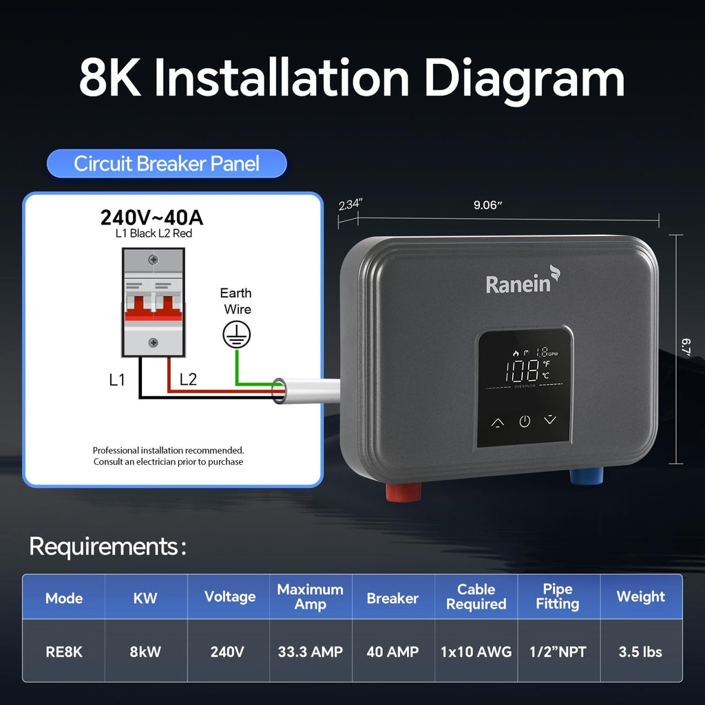 N II Ranein Electric Tankless Water Heater Ultra Edition, 8kW, 240V