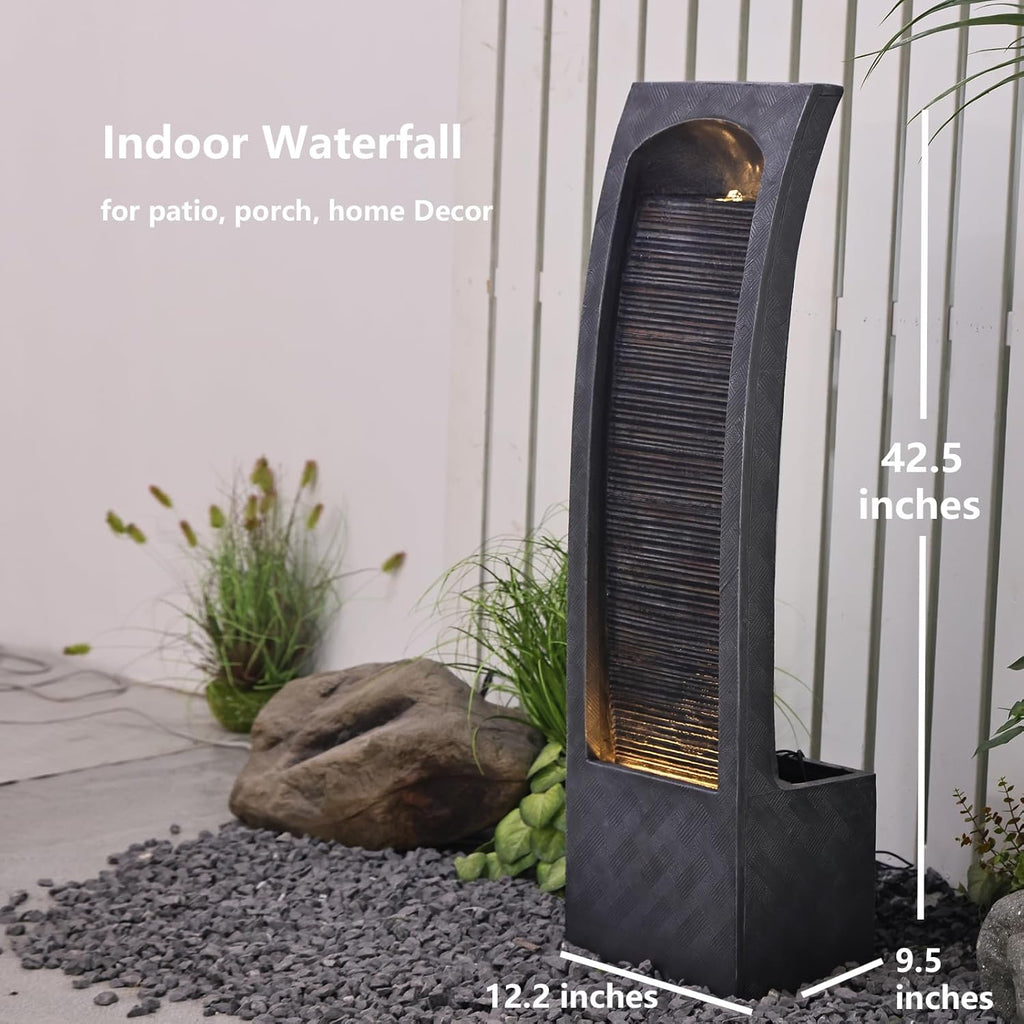 Modern Indoor Water Fountain Curved Faux Slate Waterfall Fountain with LED Lighting, 42.5-Inch Tall Tiered Waterfall