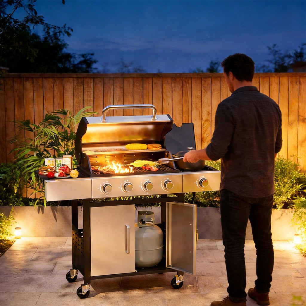 4-Burner Propane Gas Grill with Side Burner, 49,000 BTU Stainless Steel BBQ Grill with Cast Iron Grates and Side Tables (Black & Silver)