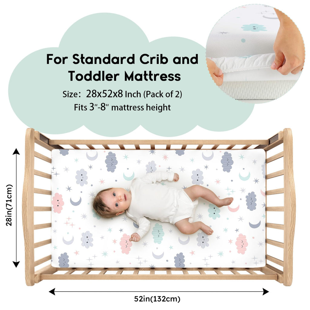2-Pack Baby Crib Sheets for Boys Girls 52x28 (Grey+Cloud)