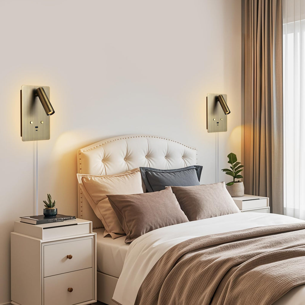 Wall Mounted Reading Light Set of 2,Dimmable Adjustable Headboard Plug in Wall Sconce with USB A+C Ports,Touch
