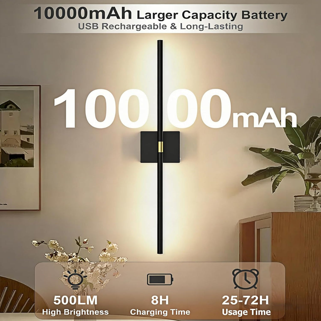 Battery Operated Wall Sconces Set of 2: 10000mAh Rechargeable Wireless Wall Lights, 360° Rotatable Magnetic Wall