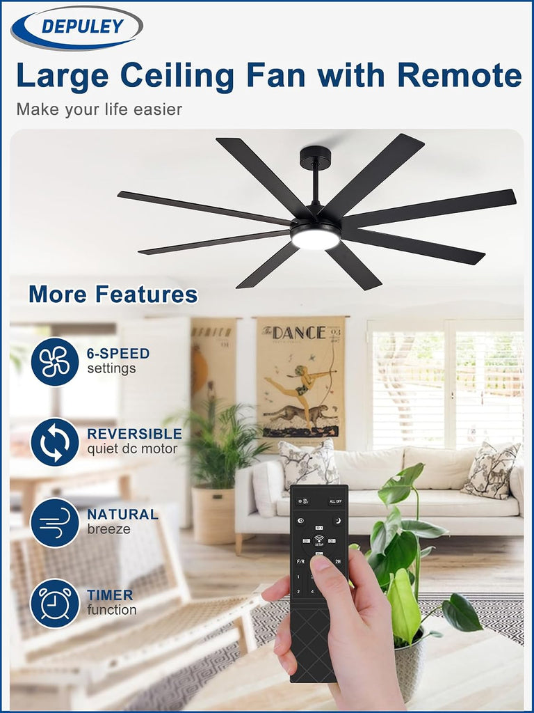 72" Ceiling Fans with Lights: Black Indoor/Outdoor Ceiling Fan for Patios Living Room - 8 Blades Dimmable Large