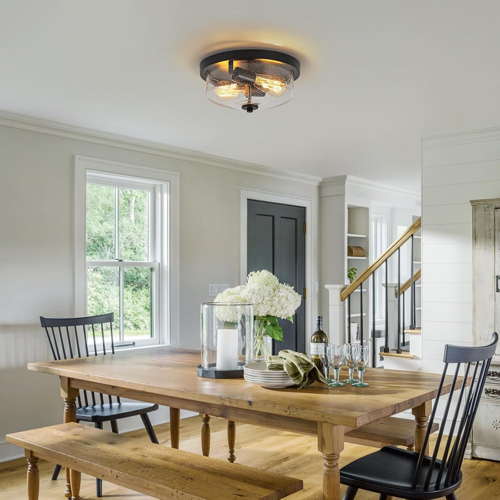 Black Flush Mount Ceiling Light Farmhouse Outdoor Porch Light Fixtures With Seeded Glass Shade