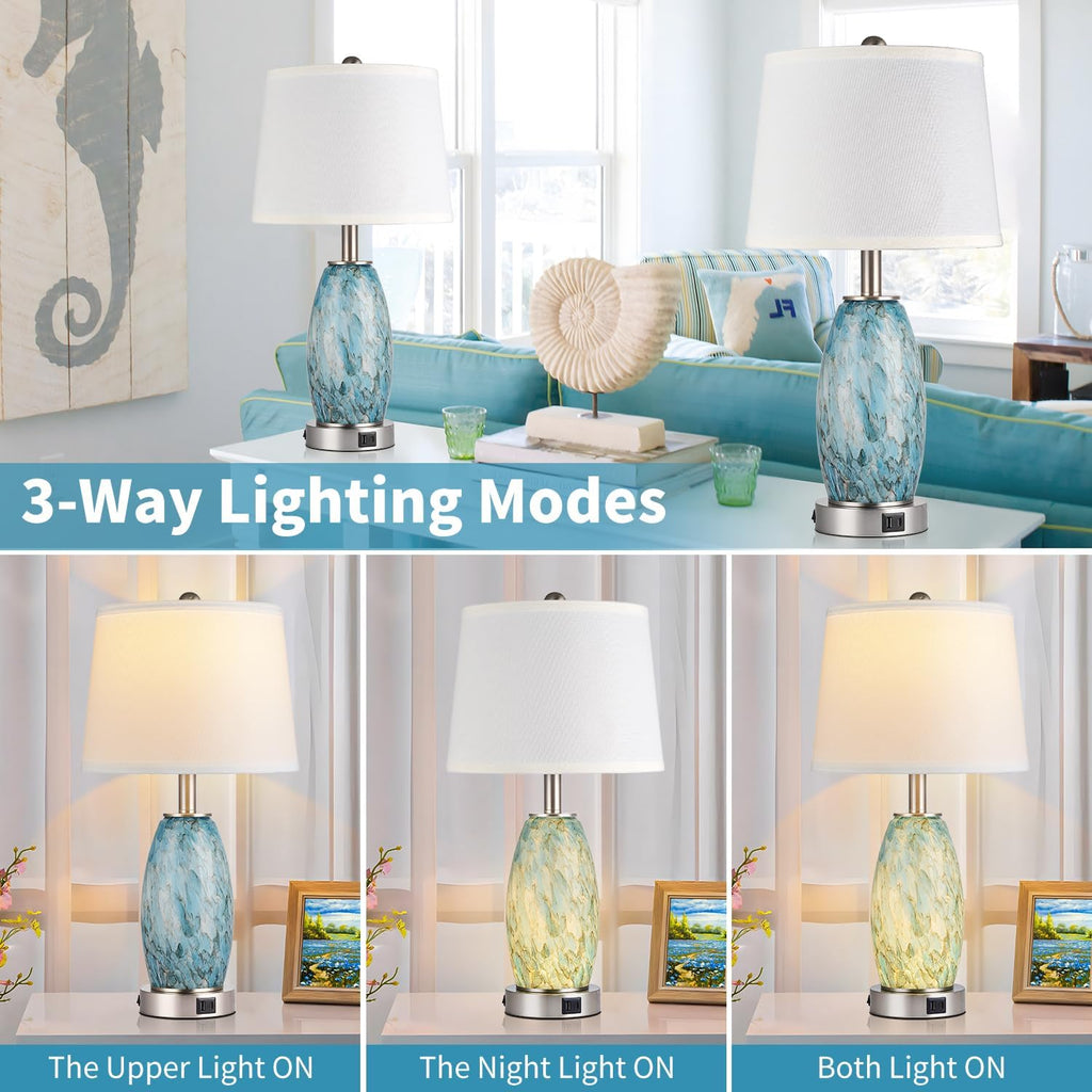Glass Table Lamp with 3-Way Lighting Modes & USB C+A - Coastal Modern Style Nightstand Lamp Decoration (23.5" H)