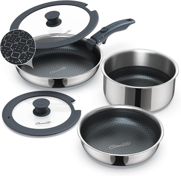 6-Piece Hybrid Stainless Steel Pots and Pans Set Non Stick, Tri-Ply Stainless Steel Cookware Set with Lids and
