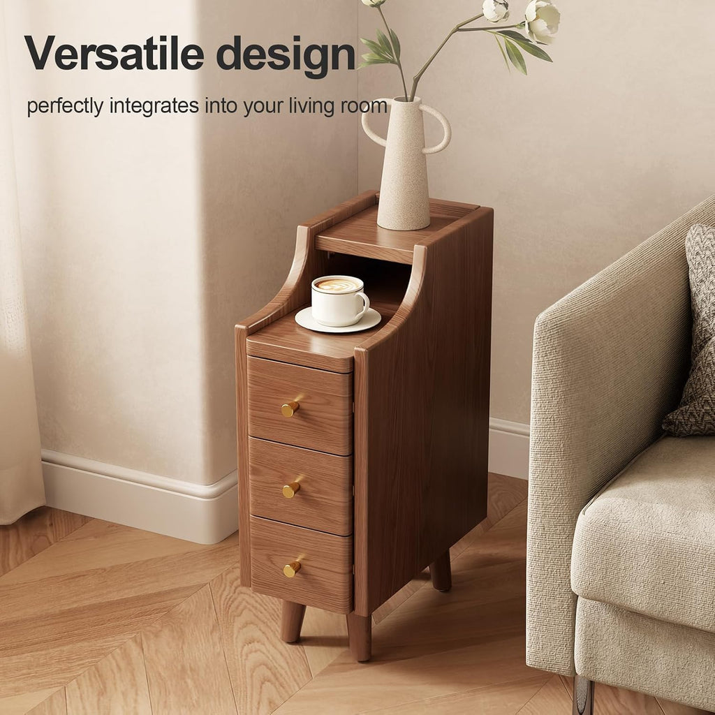 Solid Wood Narrow Nightstand with Drawers,Walnut Nightstand Wood Bedside Table Modern ,Study,Toilet