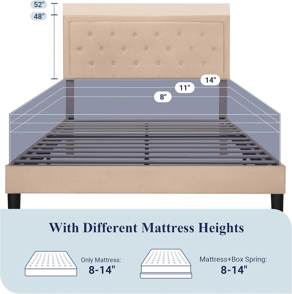 Queen Button Tufted/Fabric Upholstered Bed Frame with Adjustable Headboard/Wood Slat Support/Mattress Foundation/Beige