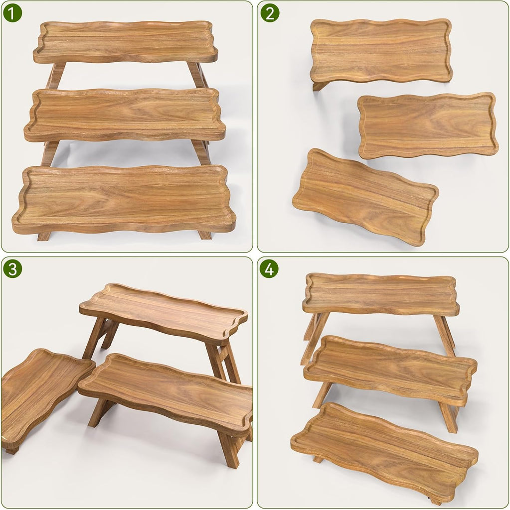 Acacia Wood 3 Tier Cupcake Stand, Serving Tray for Party, Foldable Dessert Table Display Set, Tiered Tray Decor for