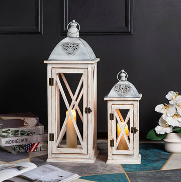 Set of 2 Large Farmhouse Wooden Metal Lanterns, Rustic Decorative Floor Candle Lanterns, Whitewash Distressed Hanging