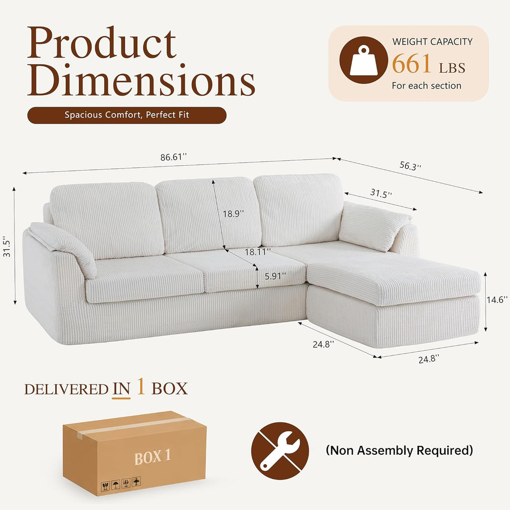 Sectional Couches Cloud Couch with Ottoman, Upholstered Boneless Couches Modern Modular L Shaped Couch 3 Seater Sofa