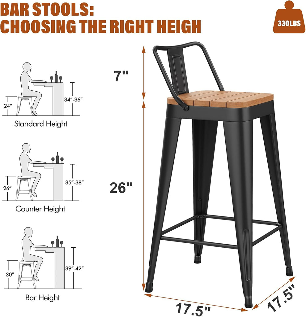 Outdoor Patio Bar Stools Set of 4 with Back,Arlunar Counter Height Industrial Metal Barstools with Removable Back 26"