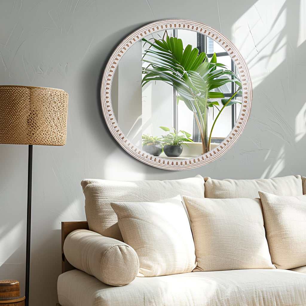 24 Inch Round Wood Mirror, Rustic Farmhouse Circle Mirrors for Wall Decor