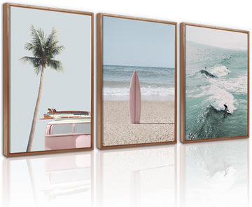Beach Framed Canvas Wall Art Set Of 3, Coastal Wall Decor, Ocean Wave Wall Painting, Palm Tree Seaside Artwork