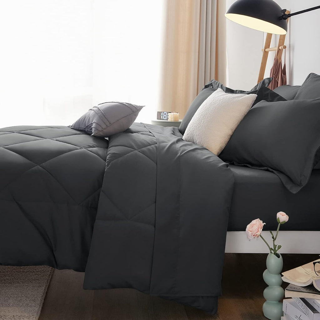 Comforter Set Dark Grey - Bed in a Bag 7 Pieces, Luxury Soft Bed Set for All Seasons