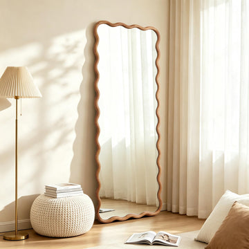 24"x65" Wood Full Length Mirror, Arched Natural Wood Boho Wavy Floor Mirror, Long Full Body Mirror Hanging
