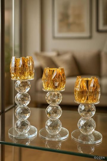 Crystal Candle Holder Set 3 Piece Gold Amber Glass 6.3 x 5.5 in - Gold