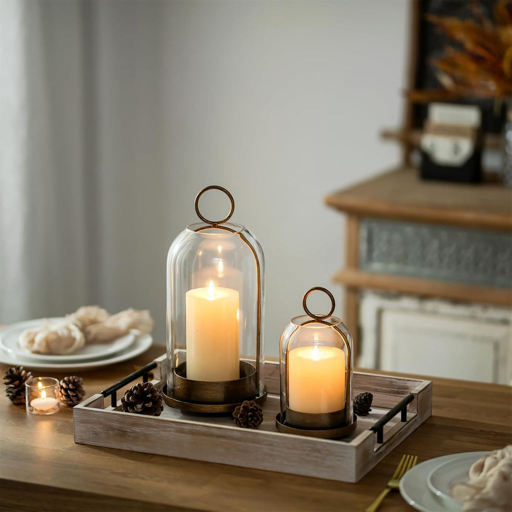 Hurricane Candle Holder Lanterns: Pillar Candle Holders Set of 2 for Outdoor - Antique Brass Metal Candleholder with