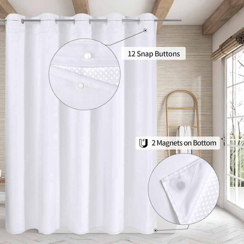 No Hooks Need White Shower Curtain Liner Set, Modern Weave Fabric Shower Curtains with Snap-in Liner for Luxury Hotel
