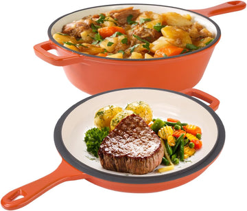 2 in 1 Dutch Oven & Skillet Combo, 3QT Enameled Cast Iron Dutch Oven Pot with 1.5QT Skillet Lid, Versatile Pots for