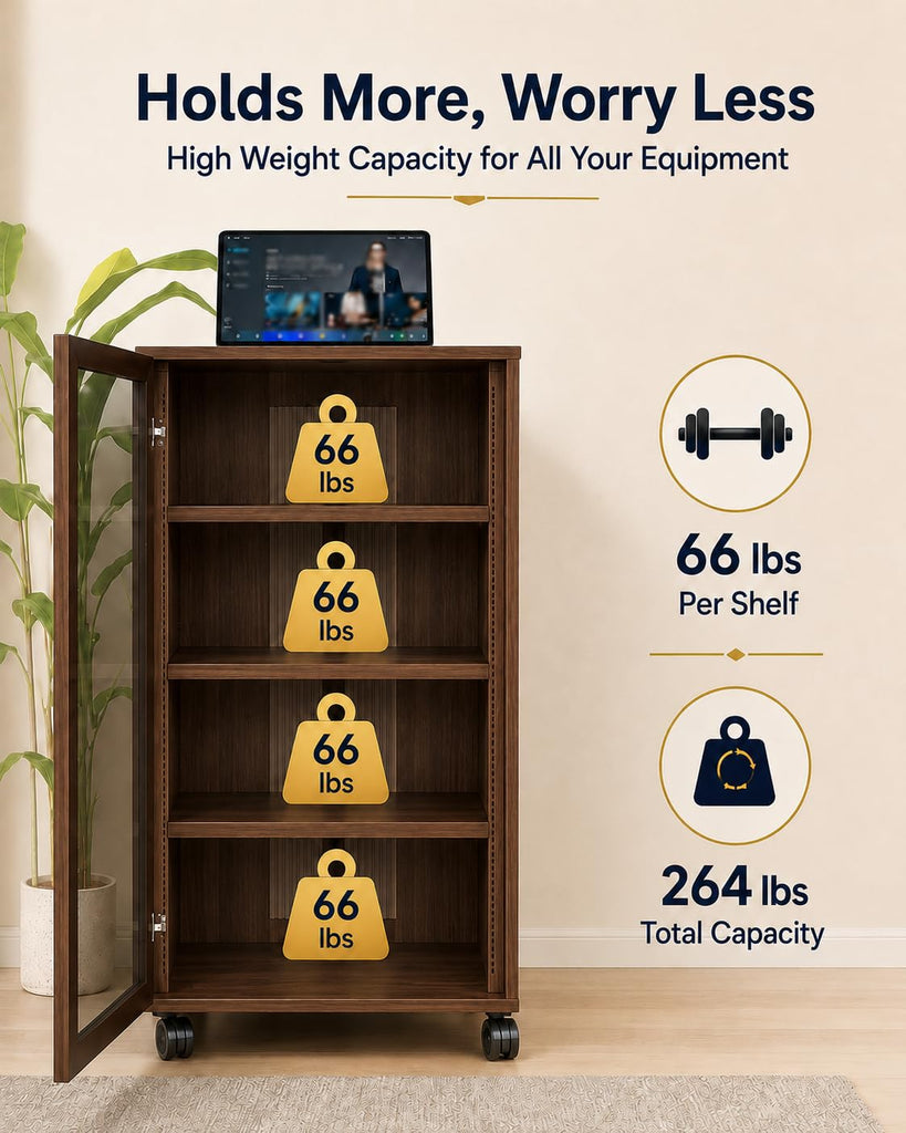 4-Tier Walnut Media Cabinet with Glass Door & Adjustable Shelves