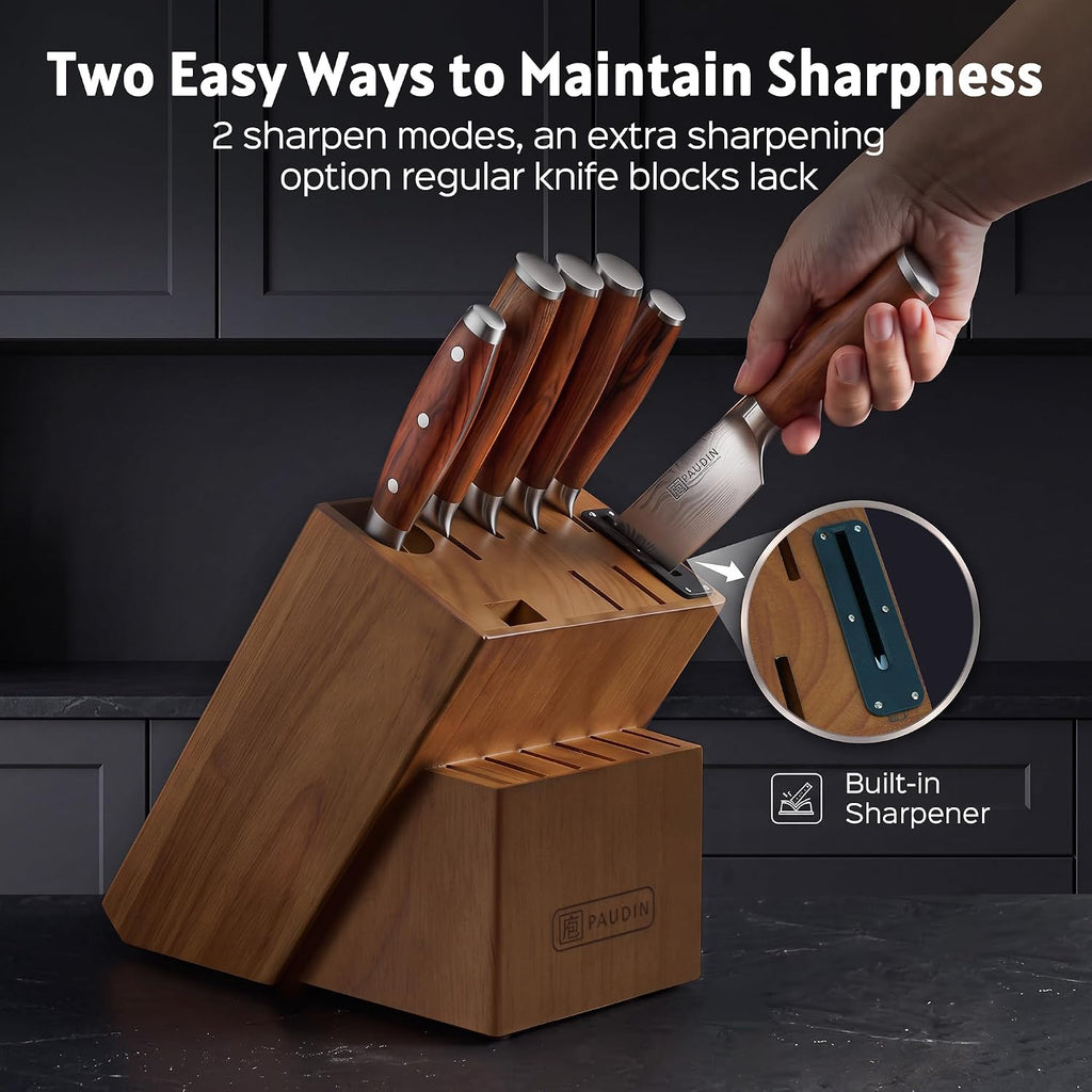 16-Piece Kitchen Knife Set with Block, Built-in Sharpener, Ultra Sharp 5Cr15Mov Stainless Steel Chef Knives, Natural