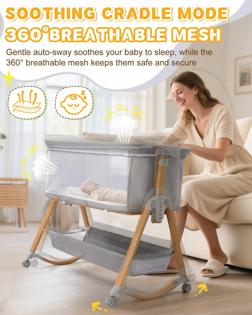 Baby Bassinet Bedside Bassinet, Baby Cradle with Machine-Washable Sheets, Four-Sided Breathable Mesh, 6 Height